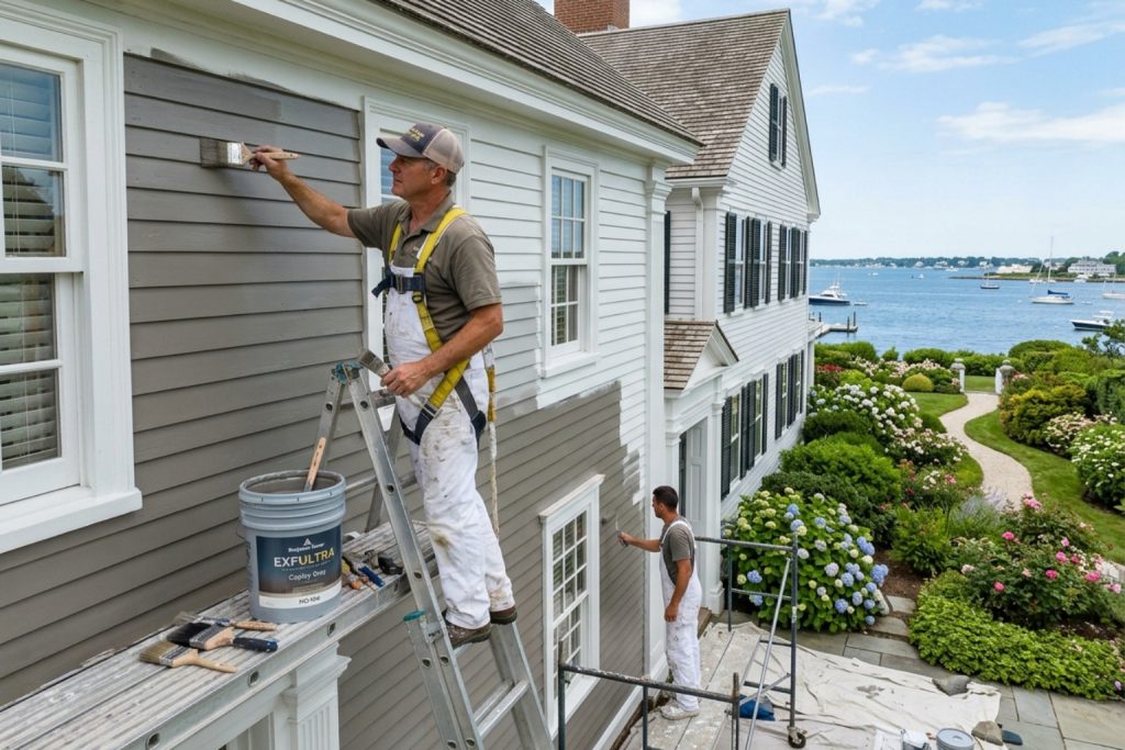 Which local painting contractors have extensive experience applying Benjamin Moore copley gray exterior paint on historic homes in Newport?